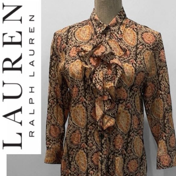 Lauren Ralph Lauren Black and Orange Floral Ruffle Blouse Size Large - Picture 1 of 14